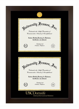University of Southern California Dornsife School of International Relations Double Degree (Stacked) Frame in Manhattan Espresso with Black & Gold Mats for document: 8 1/2"h x 11"w  , document: 8 1/2"h x 11"w  