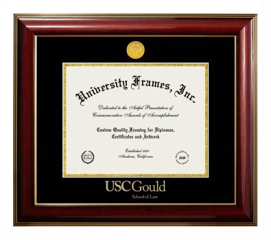 University of Southern California Gould School of Law Diploma Frame in Classic Mahogany with Gold Trim with Black & Gold Mats for DOCUMENT: 8 1/2"H X 11"W  