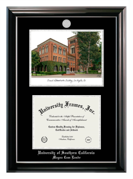 University of Southern California Magna Cum Laude Double Opening with Campus Image (Stacked) Frame in Classic Ebony with Silver Trim with Black & Silver Mats for document: 8 1/2"h x 11"w  
