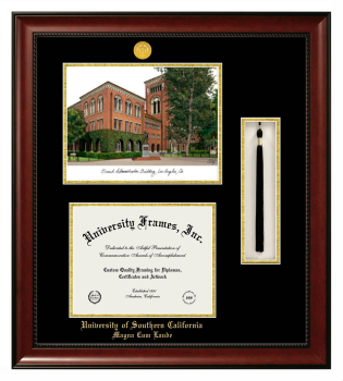 University of Southern California Magna Cum Laude Double Opening with Campus Image & Tassel Box (Stacked) Frame in Avalon Mahogany with Black & Gold Mats for document: 8 1/2"h x 11"w  