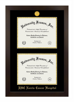 University of Southern California Norris Cancer Hospital Double Degree (Stacked) Frame in Manhattan Espresso with Black & Gold Mats for document: 8 1/2"h x 11"w  , document: 8 1/2"h x 11"w  
