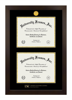 University of Southern California School of Cinema-Television Double Degree (Stacked) Frame in Manhattan Espresso with Black & Gold Mats for document: 8 1/2"h x 11"w  , document: 8 1/2"h x 11"w  