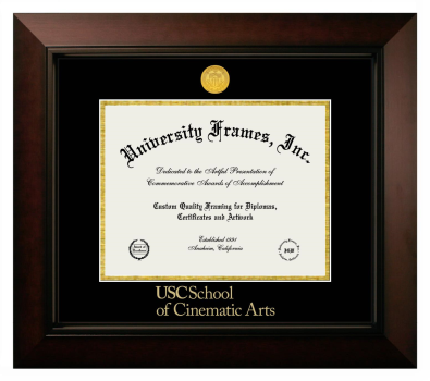 University of Southern California School of Cinematic Arts Diploma Frame in Legacy Black Cherry with Black & Gold Mats for document: 8 1/2"h x 11"w  