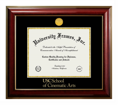University of Southern California School of Cinematic Arts Diploma Frame in Classic Mahogany with Gold Trim with Black & Gold Mats for DOCUMENT: 8 1/2"H X 11"W  