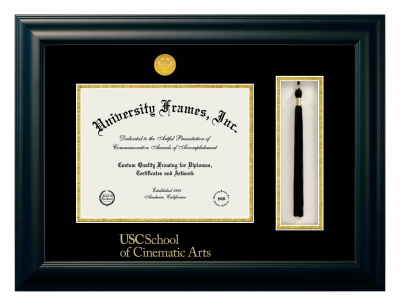 University of Southern California School of Cinematic Arts Diploma with Tassel Box Frame in Satin Black with Black & Gold Mats for document: 8 1/2"h x 11"w  
