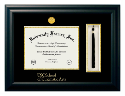 University of Southern California School of Cinematic Arts Diploma with Tassel Box Frame in Satin Black with Black & Gold Mats for DOCUMENT: 8 1/2"H X 11"W  