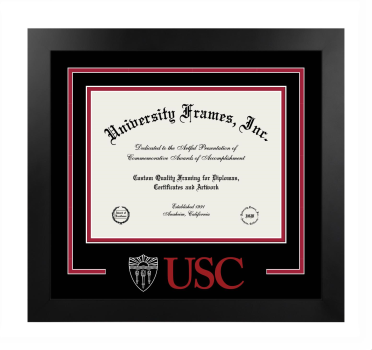 University of Southern California School of Cinematic Arts Logo Mat Frame in Manhattan Black with Black & Crimson Mats for document: 8 1/2"h x 11"w  