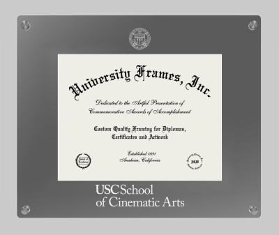 University of Southern California School of Cinematic Arts Lucent Clear-over-Smoke Frame in Lucent Smoke Moulding with Lucent Smoke Mat for document: 8 1/2"h x 11"w  