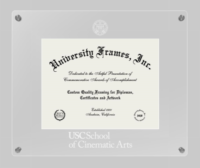 University of Southern California School of Cinematic Arts Lucent Clear-over-Clear Frame in Lucent Clear Moulding with Lucent Clear Mat for document: 8 1/2"h x 11"w  