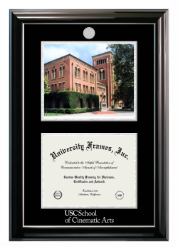 University of Southern California School of Cinematic Arts Double Opening with Campus Image (Stacked) Frame in Classic Ebony with Silver Trim with Black & Silver Mats for document: 8 1/2"h x 11"w  
