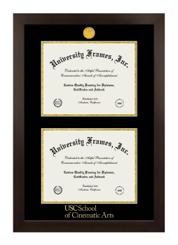 University of Southern California School of Cinematic Arts Double Degree (Stacked) Frame in Manhattan Espresso with Black & Gold Mats for document: 8 1/2"h x 11"w  , document: 8 1/2"h x 11"w  