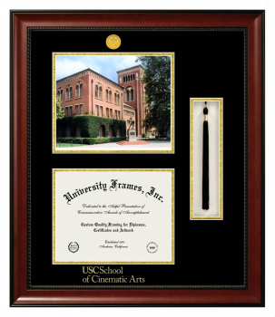 University of Southern California School of Cinematic Arts Double Opening with Campus Image & Tassel Box (Stacked) Frame in Avalon Mahogany with Black & Gold Mats for document: 8 1/2"h x 11"w  