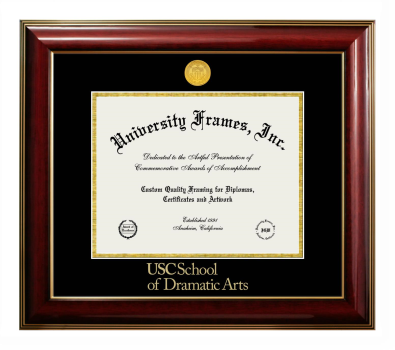 University of Southern California School of Dramatic Arts Diploma Frame in Classic Mahogany with Gold Trim with Black & Gold Mats for document: 8 1/2"h x 11"w  