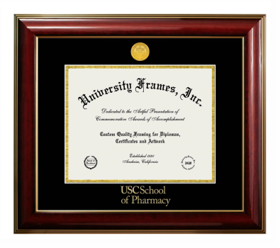 University of Southern California School of Pharmacy Diploma Frame in Classic Mahogany with Gold Trim with Black & Gold Mats for DOCUMENT: 8 1/2"H X 11"W  