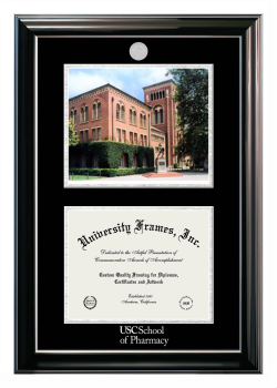 University of Southern California School of Pharmacy Double Opening with Campus Image (Stacked) Frame in Classic Ebony with Silver Trim with Black & Silver Mats for document: 8 1/2"h x 11"w  
