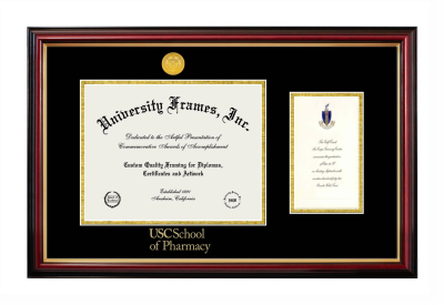 University of Southern California School of Pharmacy Diploma with Announcement Frame in Petite Mahogany with Gold Trim with Black & Gold Mats for document: 8 1/2"h x 11"w  , diploma: 7"h x 4"w  