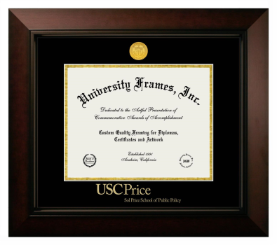 University of Southern California Sol Price School of Public Policy Diploma Frame in Legacy Black Cherry with Black & Gold Mats for DOCUMENT: 8 1/2"H X 11"W  