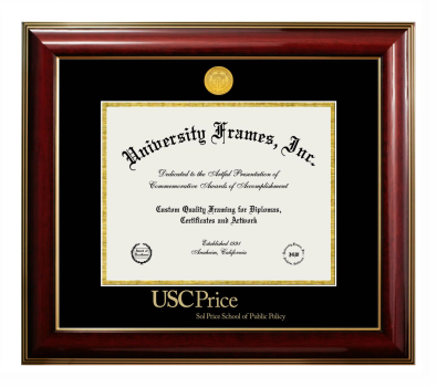 University of Southern California Sol Price School of Public Policy Diploma Frame in Classic Mahogany with Gold Trim with Black & Gold Mats for DOCUMENT: 8 1/2"H X 11"W  