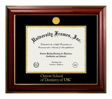 University of Southern California The Herman Ostrow School of Dentistry Diploma Frame in Classic Mahogany with Gold Trim with Black & Gold Mats for DOCUMENT: 8 1/2"H X 11"W  