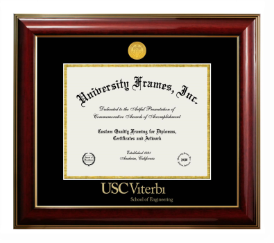University of Southern California Viterbi School of Engineering Diploma Frame in Classic Mahogany with Gold Trim with Black & Gold Mats for DOCUMENT: 8 1/2"H X 11"W  