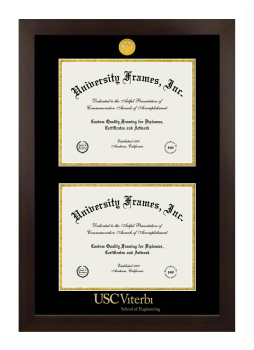 University of Southern California Viterbi School of Engineering Double Degree (Stacked) Frame in Manhattan Espresso with Black & Gold Mats for document: 8 1/2"h x 11"w  , document: 8 1/2"h x 11"w  