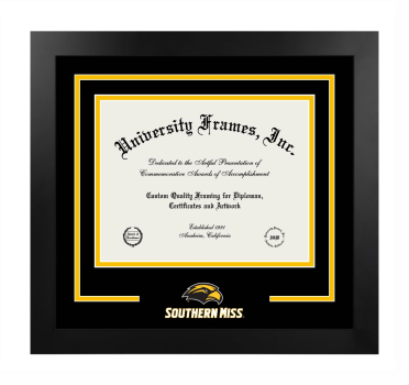 University of Southern Mississippi Logo Mat Frame in Manhattan Black with Black & Amber Mats for DOCUMENT: 8 1/2"H X 11"W  