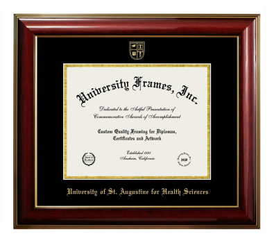 University of St. Augustine for Health Sciences Diploma Frame in Classic Mahogany with Gold Trim with Black & Gold Mats for DOCUMENT: 8 1/2"H X 11"W  