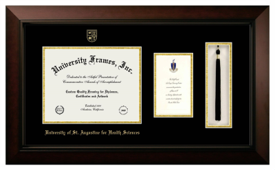University of St. Augustine for Health Sciences Diploma with Announcement & Tassel Box Frame in Legacy Black Cherry with Black & Gold Mats for document: 8 1/2"h x 11"w  , diploma: 7"h x 4"w  
