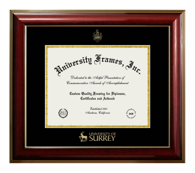 University of Surrey Diploma Frame in Classic Mahogany with Gold Trim with Black & Gold Mats for DOCUMENT: 8 1/2"H X 11"W  