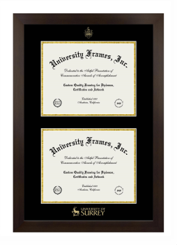 University of Surrey Double Degree (Stacked) Frame in Manhattan Espresso with Black & Gold Mats for document: 8 1/2"h x 11"w  , document: 8 1/2"h x 11"w  