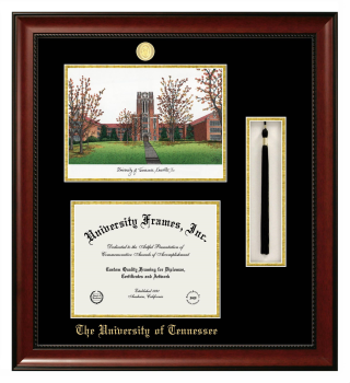 University of Tennessee Double Opening with Campus Image & Tassel Box (Stacked) Frame in Avalon Mahogany with Black & Gold Mats for DOCUMENT: 8 1/2"H X 11"W  