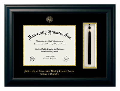 University of Tennessee Health Science Center College of Dentistry Diploma with Tassel Box Frame in Satin Black with Black & Gold Mats for document: 8 1/2"h x 11"w  