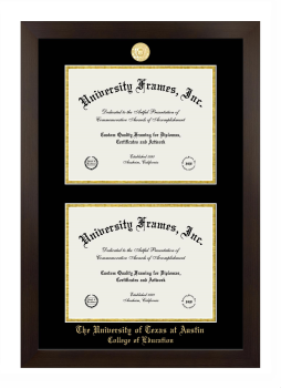 University of Texas at Austin College of Education Double Degree (Stacked) Frame in Manhattan Espresso with Black & Gold Mats for document: 8 1/2"h x 11"w  , document: 8 1/2"h x 11"w  