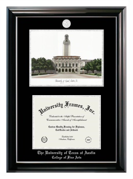 University of Texas at Austin College of Fine Arts Double Opening with Campus Image (Stacked) Frame in Classic Ebony with Silver Trim with Black & Silver Mats for document: 8 1/2"h x 11"w  