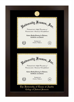 University of Texas at Austin College of Natural Sciences Double Degree (Stacked) Frame in Manhattan Espresso with Black & Gold Mats for document: 8 1/2"h x 11"w  , document: 8 1/2"h x 11"w  