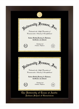 University of Texas at Austin Jackson School of Geosciences Double Degree (Stacked) Frame in Manhattan Espresso with Black & Gold Mats for document: 8 1/2"h x 11"w  , document: 8 1/2"h x 11"w  