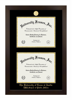 University of Texas at Austin LBJ School of Public Affairs Double Degree (Stacked) Frame in Manhattan Espresso with Black & Gold Mats for document: 8 1/2"h x 11"w  , document: 8 1/2"h x 11"w  
