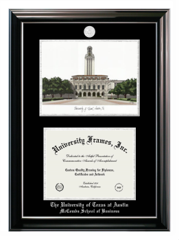 University of Texas at Austin McCombs School of Business Double Opening with Campus Image (Stacked) Frame in Classic Ebony with Silver Trim with Black & Silver Mats for document: 8 1/2"h x 11"w  