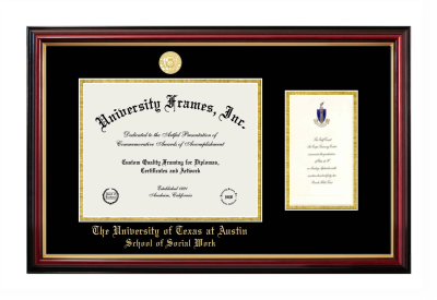 University of Texas at Austin School of Social Work Diploma with Announcement Frame in Petite Mahogany with Gold Trim with Black & Gold Mats for document: 8 1/2"h x 11"w  , diploma: 7"h x 4"w  