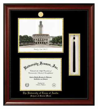 University of Texas at Austin School of Social Work Double Opening with Campus Image & Tassel Box (Stacked) Frame in Avalon Mahogany with Black & Gold Mats for document: 8 1/2"h x 11"w  