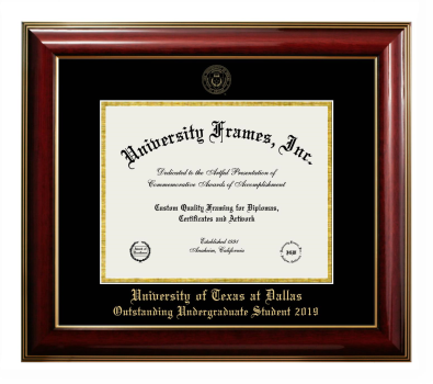University of Texas at Dallas Outstanding Undergraduate Student 2019 Diploma Frame in Classic Mahogany with Gold Trim with Black & Gold Mats for document: 8 1/2"h x 11"w  