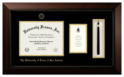 University of Texas at San Antonio Diploma with Announcement & Tassel Box Frame in Legacy Black Cherry with Black & Gold Mats for  11"h x 14"w  , diploma: 7"h x 4"w  