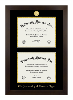 University of Texas at Tyler Double Degree (Stacked) Frame in Manhattan Espresso with Black & Gold Mats for document: 8 1/2"h x 11"w  , document: 8 1/2"h x 11"w  