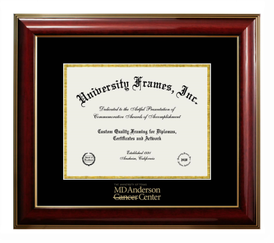 University of Texas Health Science Center at Houston MD Anderson Cancer Center Diploma Frame in Classic Mahogany with Gold Trim with Black & Gold Mats for DOCUMENT: 8 1/2"H X 11"W  
