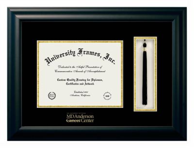 University of Texas Health Science Center at Houston MD Anderson Cancer Center Diploma with Tassel Box Frame in Satin Black with Black & Gold Mats for DOCUMENT: 8 1/2"H X 11"W  