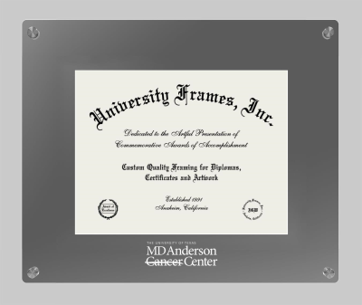 University of Texas Health Science Center at Houston MD Anderson Cancer Center Lucent Clear-over-Smoke Frame in Lucent Smoke Moulding with Lucent Smoke Mat for document: 8 1/2"h x 11"w  