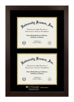 University of Texas Health Science Center at Houston Medical School Double Degree (Stacked) Frame in Manhattan Espresso with Black & Gold Mats for document: 8 1/2"h x 11"w  , document: 8 1/2"h x 11"w  