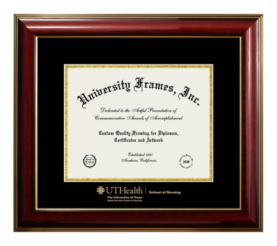 University of Texas Health Science Center at Houston School of Nursing Diploma Frame in Classic Mahogany with Gold Trim with Black & Gold Mats for DOCUMENT: 8 1/2"H X 11"W  
