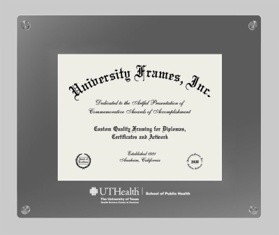 University of Texas Health Science Center at Houston School of Public Health Lucent Clear-over-Smoke Frame in Lucent Smoke Moulding with Lucent Smoke Mat for document: 8 1/2"h x 11"w  
