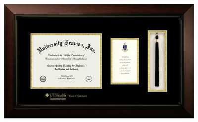 University of Texas Health Science Center at Houston School of Public Health Diploma with Announcement & Tassel Box Frame in Legacy Black Cherry with Black & Gold Mats for document: 8 1/2"h x 11"w  , diploma: 7"h x 4"w  